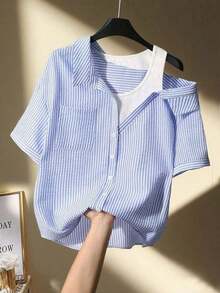 Camisa de mujer casual de manga corta raglán a rayas texturizada azul y blanca, de verano - Multicolor - Ver 1