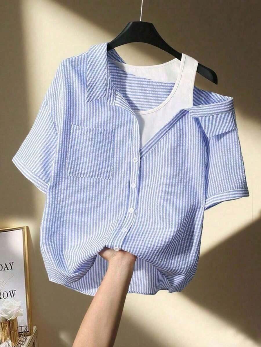 Camisa de mujer casual de manga corta raglán a rayas texturizada azul y blanca, de verano - Multicolor - Ver 1