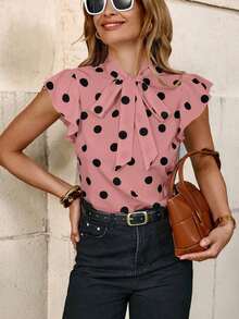 Blusa con lazo elegante para mujer, versátil para el trabajo y el uso casual, verano - Rosa - Ver 6