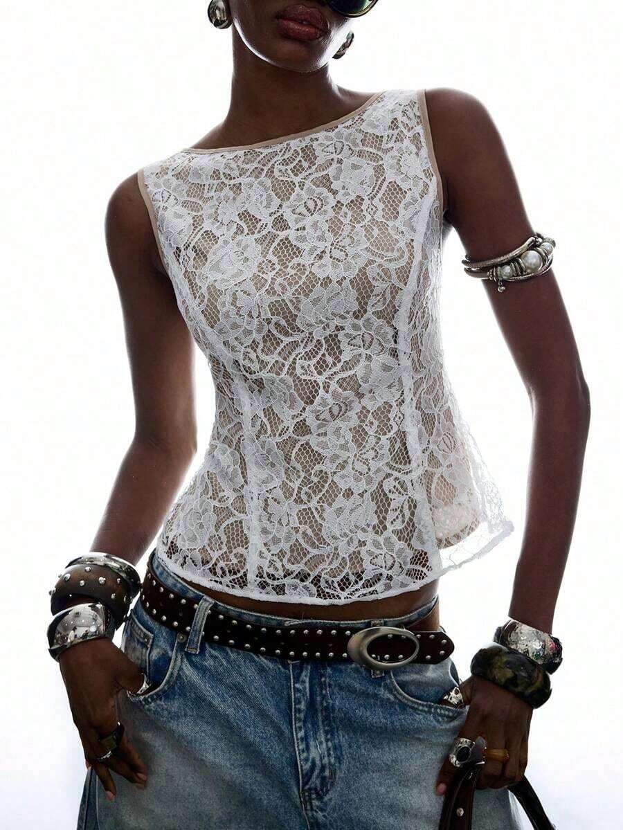 2026 Nuevo Llegado Minimalismo Primavera/Verano Mujer Camiseta de Tirantes Ajustada de Cuello Redondo a Rayas, Casual de Trabajo/Negocios/Oficina para Mujer, Parte Superior Elegante para Mujer - Beis - Ver 1