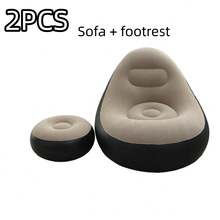 2 piezas Sofá inflable con felpa, sillón reclinable plegable, sofá cama para exteriores con comodidad antideslizante, color café - A - Ver 9