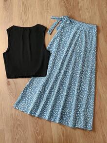 Unity Conjunto de 2 piezas de estilo elegante y vintage francés para primavera/verano.Incluye top crop de unicolor con cintura definida y falda midi de línea A. Tiene un estilo sexy - Multicolor 2 - Ver 2