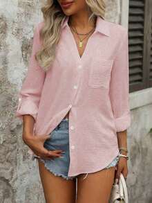 Camisa minimalista de manga larga con bolsillo, abotonada, de cuello y unicolor informal - Blanco - Ver 10