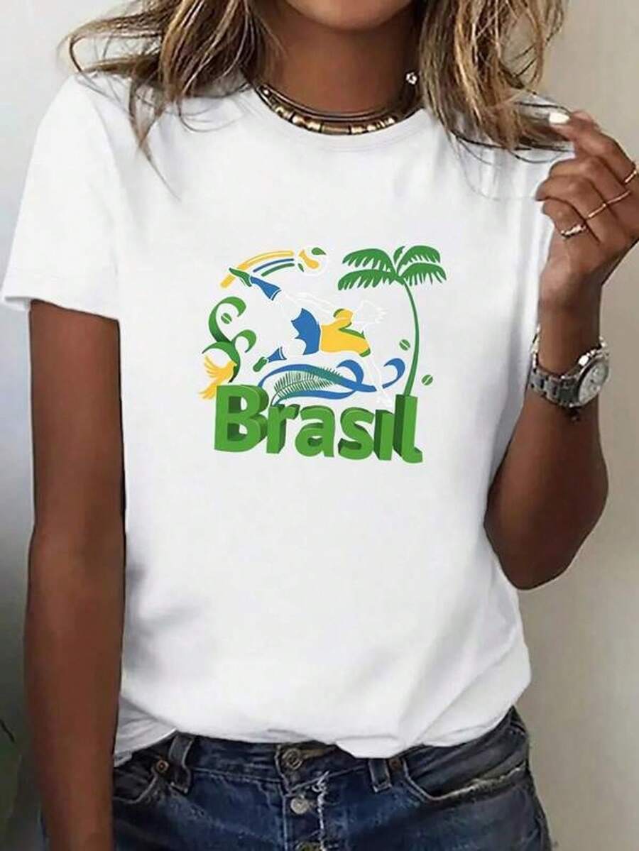 Camiseta de fútbol brasileñara mujer con impresión creativa | Tela casual, adecu para todas las estaciones, tela de 180g/m², nueva g, entrega desde alén local, ropa navideña, regalos para mujeres, hermoso diseño de camisa