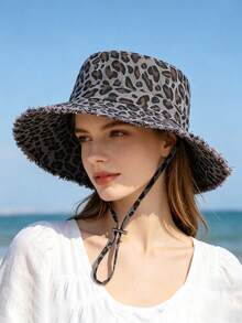 1pc Vintage Leopard Print Frayed Edge Bucket Hat, Adjustable Rope Design, Beach Vacation Sun Protection Hat - Drawstring Leopard Print Fisherman's Hat - View 9