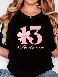 Camiseta de mujer, 13 OfficialTeenager con estampado de diseño "Sweet Growth", camiseta negra de manga corta y cuello redondo, lavable a máquina, estilo casual, ajuste cómodo, diseño moderno, versátil para uso diario, tela suave, estilo a la moda. ropa de calor mujer - Negro - Ver 7