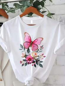Classic Plus Size Women's Clothing, Pink Butterfly Print T-Shirt - Casual Short Sleeve Round Neck Top, Suitable For Spring, Summer And Autumn, With Random Floral And Wing Patterns, Machine Washable, A Beautiful Gift For Christmas, Thanksgiving And New Year (Success Of ). - 白色 - 查看 7