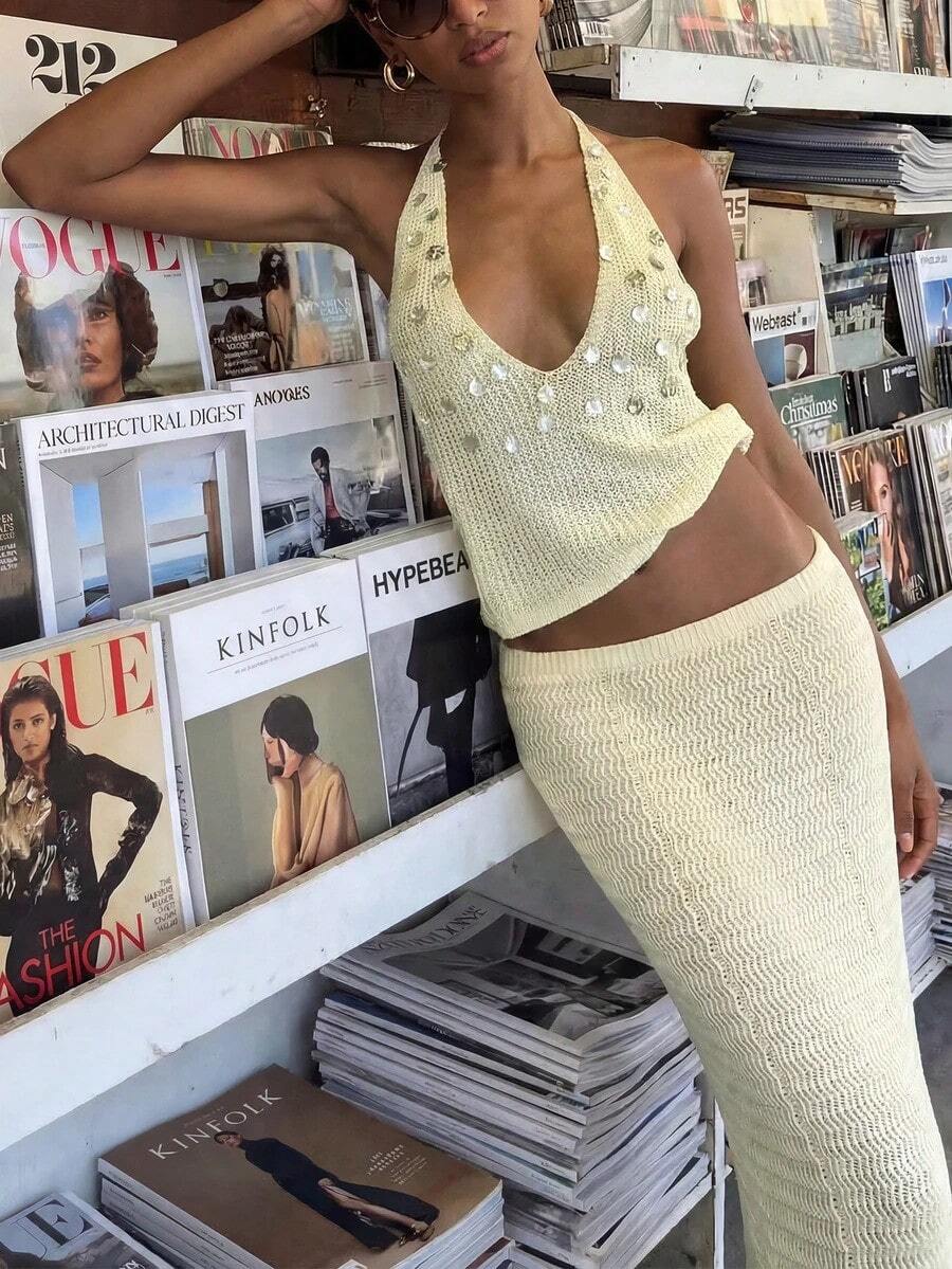 Conjunto de 2 piezas de verano nuevo de punto de color albaricoque para mujer, con top de tirantes de cuello en V profundo y falda maxi ajustada, estilo casual de vacaciones, adecuado para playa, vacaciones, viajes, incluye top con lentejuelas, cubrecuerpo de mujer, ropa de mujer de verano primavera - Albaricoque - Ver 1