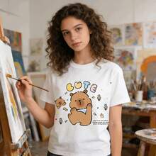 Tops para mujer Casual de Algodón para Mujer con Estampado de Oso, Cuello Redondo, Manga Corta, Corte Regular - Blanco - Ver 3