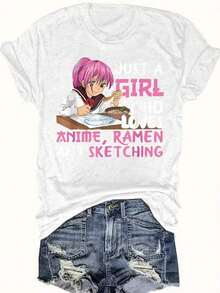 Camiseta de manga corta casual de poliéster de 200g con estampado de anime y alfabeto, cuello redondo, 1 pieza, ropa de mujer, estilo holgado, casual y versátil, camiseta Y2k. - Blanco - Ver 10