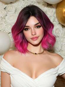 Hot Pink Brown Ombre Short Bob Small To Medium Curls Dark Roots With Nature Bangs 12-Inch Heat-Resistant Synthetic Hair For Party,Daily,Music Festival,Gatherings And Ceremonies - Hot Pink - View 5