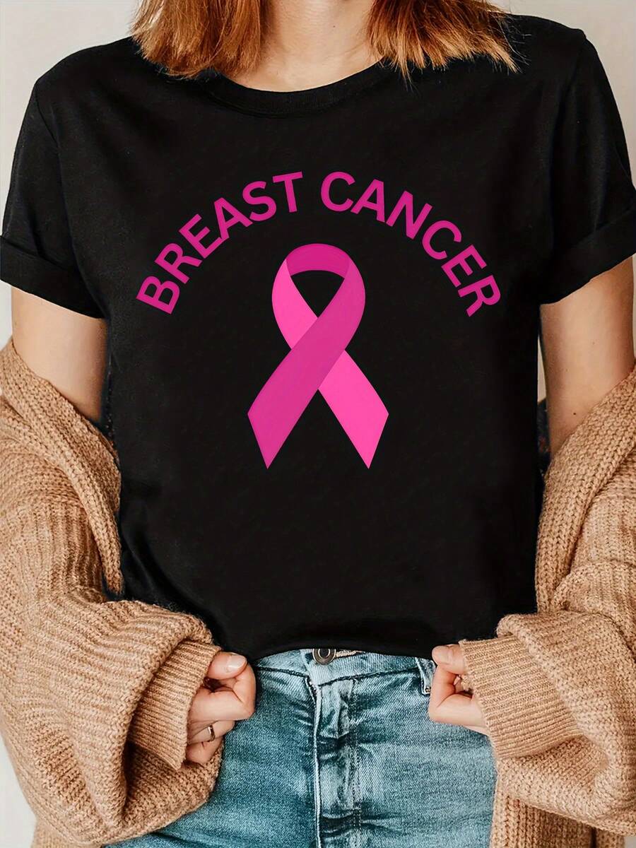 2026Casual Loose Summer T-Shirt With Pink Ribbon Breast Cancer Letter Print Addio Al Nubilato - Black - View 1