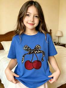 Graphic T-Shirt For Kids, Girls' Clothing, Boys' Clothing, Cherry With Leopard Print Bow, Suitable For Everyday Wear, Street Style, Outings, Home, Holidays, Back To School, Spring And Summer - 藍色 - 查看 1