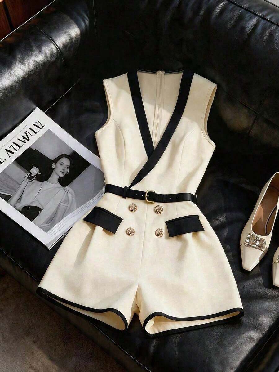 Mono de mujer, mono de mujer sin mangas con pantalón corto, mono de mujer de manga corta con hombros regulares en blanco y negro para el Día de San Valentín, diseño con botones, mono con top de tirantes en V, con cinturón, diseño de bolsillo falso, mono con pantalón corto de pierna ancha, uso versátil para el día a día, elegante para la oficina, uso intelectual de ajuste ceñido. Mono blanco corto para mujer, mono corto de una pieza, mono corto blanco con cinturón, mono de mujer sin mangas - Albaricoque - Ver 1