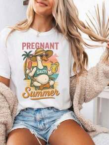 ropa de mujer Camiseta de Verano para Embarazadas Salty, Camiseta de Maternidad con Diseño Divertido de Ganso, Camiseta de Embarazo, Anuncio de Bebé en la Playa, Camiseta de Humor para Mamás en Verano, Camisetas de Mujer 100% Algodón, Camisetas de Mujer Estampadas Casuales de Cuello Redondo, camisas de mujer - Blanco - Ver 7