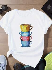 Camisetas deportivas de manga corta para mujer de talla con tazas de café - Blanco - Ver 1