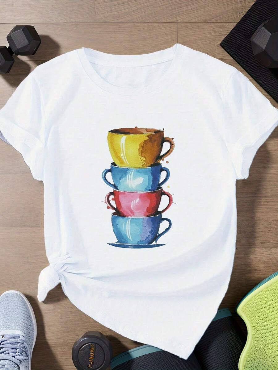 Camisetas deportivas de manga corta para mujer de talla con tazas de café - Blanco - Ver 1