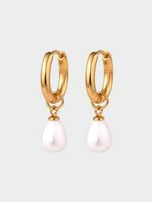 1 Pair Stainless Steel Waterproof Non-Fading Fashion Women's Gold/Silver Teardrop Pearl Earrings, Suitable For Daily Wear - Earrings - View 2