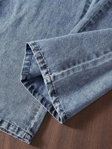 Bộ 2 món trang phục thường ngày phong cách cho bé gái, áo sát nách cổ chữ V với thiết kế gấu bất đối xứng bèo nhún và quần ống rộng mài rách phong cách retro, mùa hè - Rửa trung bình - Xem 7