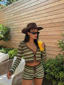 Women's Y2K 2pcs Colorblock Striped Hollow Out Cover Up Top & Shorts Set, Casual Bohemian Beach Vacation Outfit For Spring Summer - Multicolor - View 3