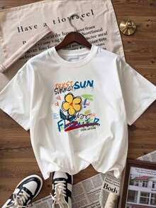 Dibujo Floral Colorido Estilo Street Juvenil, Cuello Redondo, Manga Corta, Estilo Casual, Adecuada para Mujeres en Primavera y Verano, Color Blanco,playeras de mujer,tops 100% Cotton Blusas Bonito - Blanco - Ver 3