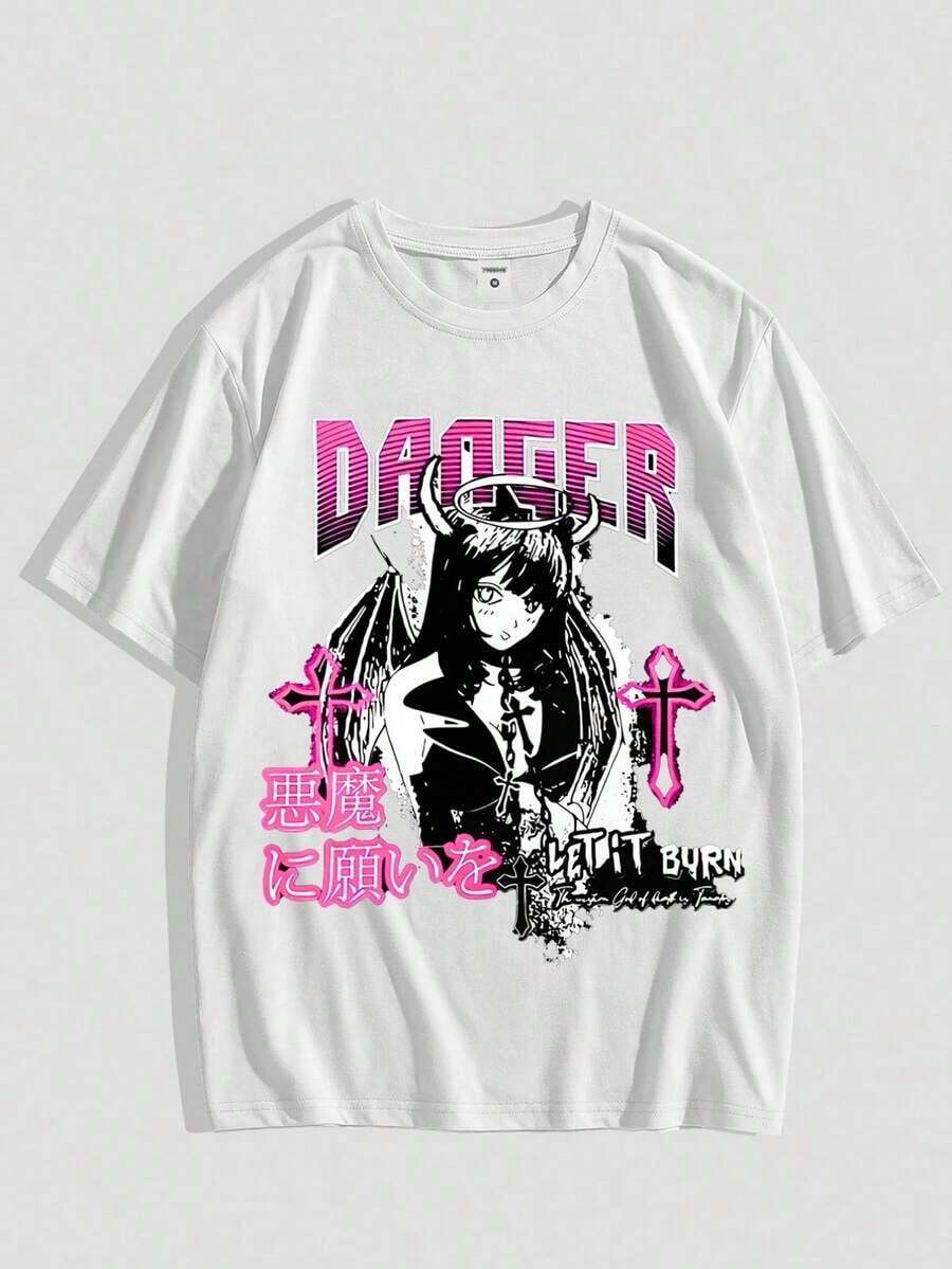 ropa de mujer Y2K Anime Manga Print Short Sleeve T-Shirt camisas de mujer - Blanco - Ver 1