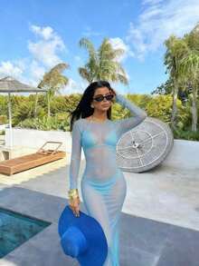 Vestido de manga larga con hombros descubiertos, de malla transparente y ajustado al Body, elegante para el verano - Celeste - Ver 1