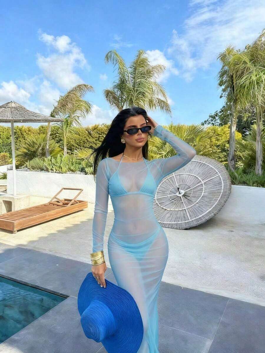 Vestido de manga larga con hombros descubiertos, de malla transparente y ajustado al Body, elegante para el verano - Celeste - Ver 1