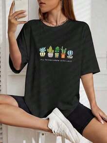 Suave Playera 100% Algodón con Estampado de Cactus Suculentas y Frase "All Things Grow With Love", Camiseta Oversize Casual de Manga Corta para Mujeres, Ropa de Calle Estilo Minimalista Fresca y Positiva, Ideal para Uso Diario y Regalo, Colores Negro, Blanco y Azul Disponibles, Talla Grande Disponible, ropa de calor mujer - Negro - Ver 2