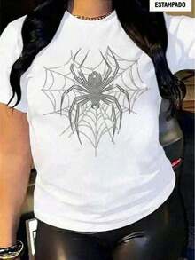 Free Shipping, Local Delivery In Mexico, Delivery In 4 Days. White Spider In A Scarlet Web Print T-Shirt With A Striking Design For Urban And Alternative Style. - Bright White Spider - View 5