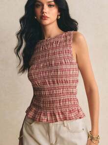 Camiseta de tirantes casual a cuadros para mujer en verano - Rojo - Ver 1