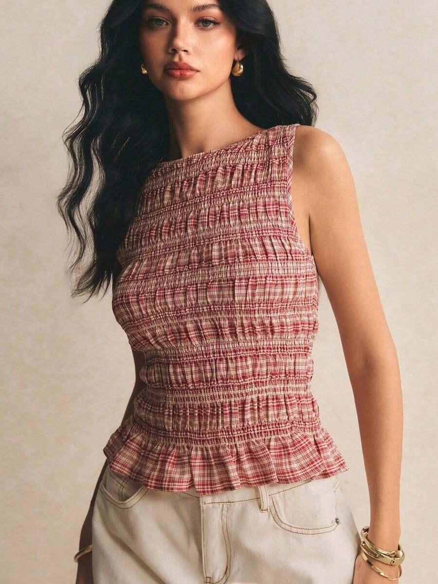 Camiseta de tirantes casual a cuadros para mujer en verano - Rojo - Ver 1