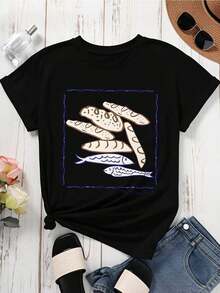 1 Piece Women's Casual Loose Fit White Short Sleeve Round Neck T-Shirt With Bread And Fish Print Design, Bible Verse Matthew 14:23, 180g 100% Cotton - 黑色 - 查看 2
