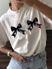 Limited Edition Women's Short-Sleeved, Round-Neck T-Shirt With Bow Print, Casual And Loose Fit, Versatile, For Everyday Wear In White. Lightweight Cotton. - 白色的 - 查看 5