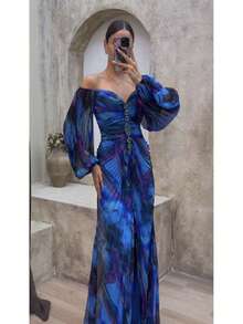 Long Pleated Dress With Long Sleeves, Casual Style For Autumn And Winter - Blue - View 4