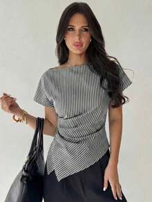 Blusa asimétrica casual y elegante a cuadros, adecuada para ir al trabajo, uso diario casual y vestimenta de negocios de moda / Ropa de otoño para mujer / Atuendos para volver a la escuela / Atuendos de maestra / Blusas para salir / Blusas para salir / Casual de negocios para mujer / Camisa a rayas / Casual de negocios para mujer / Camisas de maestra - Blanco y Negro - Ver 5