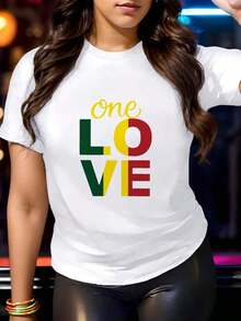 Camiseta Casual con Estampado de Letras "ONE LOVE", Cuello Redondo y Manga Corta para Primavera y Verano, Ropa de Mujer, Camiseta de Algodón - Blanco - Ver 1