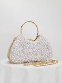 Bolso de noche de mujer con perlas, bolso de mano, bolso de embrague con correa de cadena, elegante bolso de hombro, bolso de novia adecuado para fiestas, bodas, galas, cenas, que combina con vestidos formales, vestidos de noche, vestidos de cumpleaños - Blanco - Ver 2