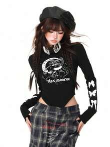 ハーフハイネック Tシャツ 長袖 レディース ショート丈 蝶プリント ギャル 着痩せ インナー ボディスーツ トップス スリムフィット 美シルエット 伸縮性 動きやすい デイリー デート ライブ フェス ストリート 個性的  夏 秋 肌見せコーデ タックイン不要 楽ちん - ブラック - チェックする 4