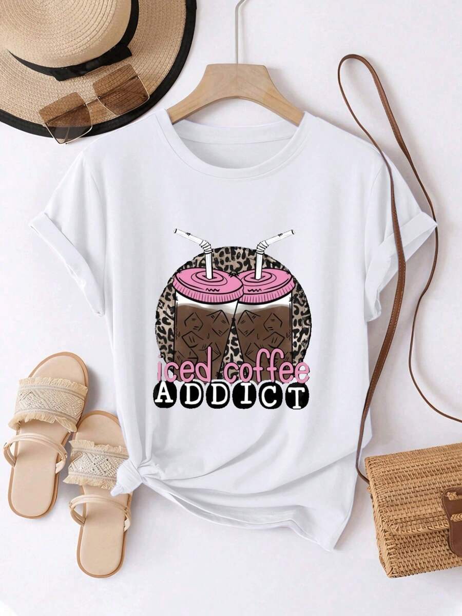 Camiseta de mujer, cómoda y casual, de manga corta y cuello redondo, con estampado de leopardo y diseño de taza de café helado, divertida y elegante, de longitud regular, adecuada para todas las estaciones, moda diaria para la ropa femenina de primavera y verano. - Blanco - Ver 1