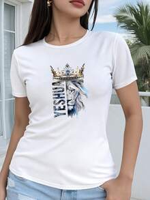 Women's T-Shirt - Regular Fit, Short Sleeves - This Pink T-Shirt With A 2D Geometric Lion Crown Print Is Unique And Striking. It's A Casual, Short-Sleeved, Crew-Neck T-Shirt Suitable For All Seasons, Available In Various Colors And Sizes. It Features A Festive, Modern, And Retro Aesthetic, Breathable Material, And Eye-Catching Prints. - 白色 - 查看 6