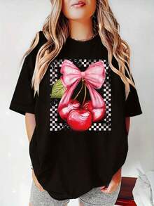 Camiseta de mujer Cherry & Checker con hombros caídos, suave y transpirable, de manga corta, perfecta para uso diario, actividades al aire libre, viajes y estilo casual, cómoda para llevar todo el día. - Negro - Ver 7