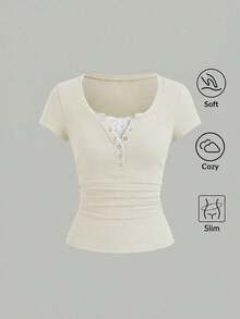 Camiseta de manga corta de unicolor con recorte de encaje de ojal semi-abierto para mujer, estilo urbano - Crema - Ver 1