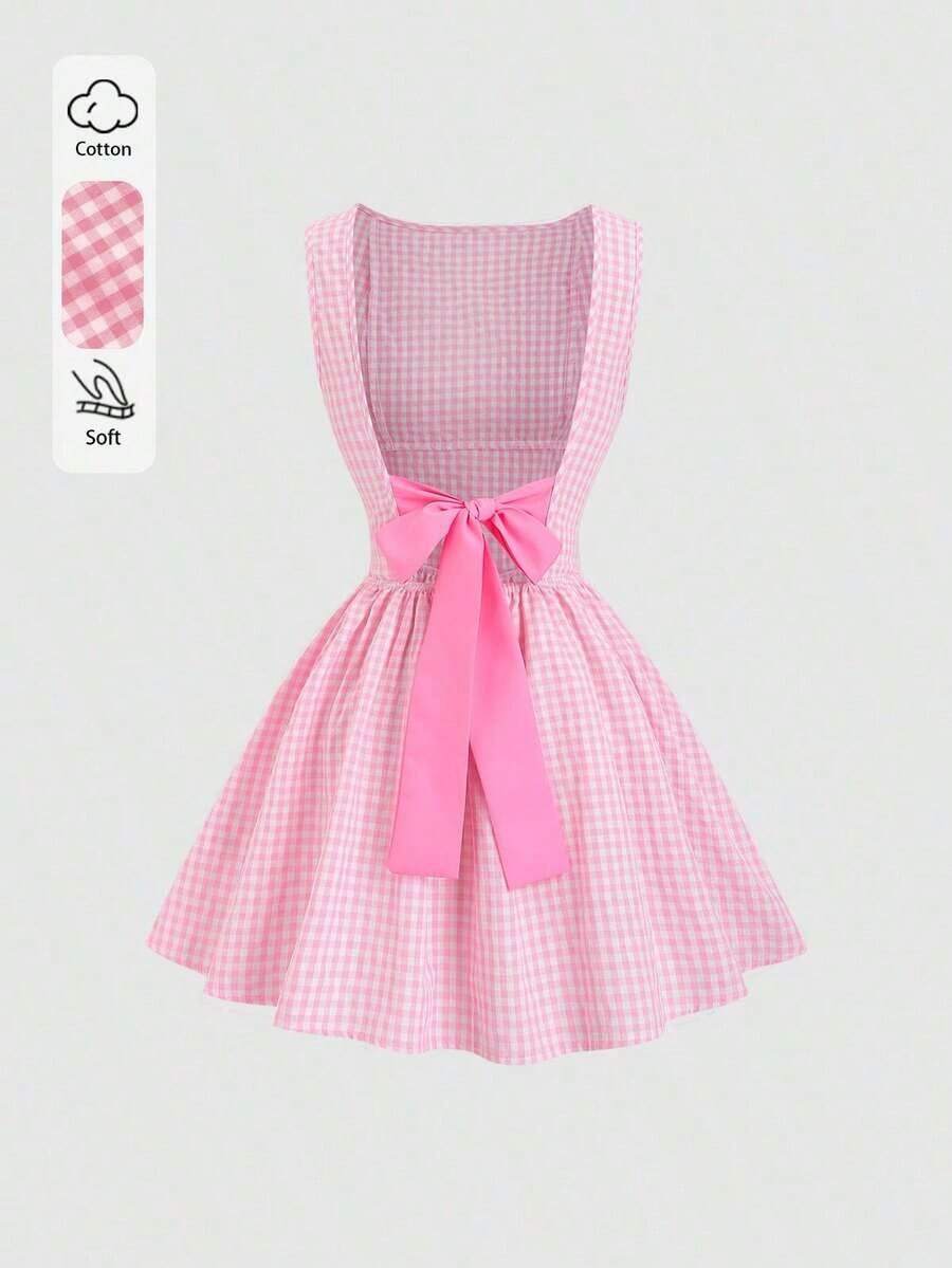 Vestido casual de mujer con cuello de barco, sin mangas, con estampado de cuadros, espalda descubierta, contraste de color, lazo en la cintura y silueta evasé, para primavera/verano - Rosa - Ver 1