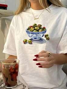 Camiseta Casual de Cuello Redondo para Mujer - Top Vintage Elegante, Ligero y Transpirable, Estampado de Tazón de Porcelana Azul y Blanco con Textura Brillante, Lavable a Máquina, Esencial para Primavera y Verano, Camiseta Artística con Patrón de Oliva para Mujer, Transpirable y Cómoda. - Blanco - Ver 11