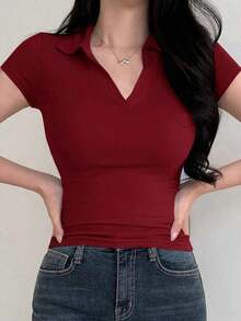 Camiseta polo de manga corta de ajuste ceñido de unicolor para mujer, casual de verano, casual de negocios, tops estilo universitario para mujer - Rojo - Ver 1