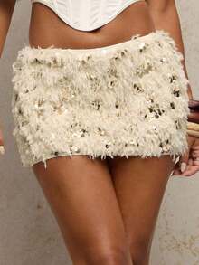 Falda corta de fiesta para mujer, color albaricoque, con lentejuelas, borlas y borde de pelo, falda de lentejuelas a la moda, para el festival de música de Chicago, salidas nocturnas, falda de Halloween, festival de música country, falda para citas, fiesta rave, concierto, Día de San Valentín, atuendos de San Valentín para mujer. - Burdeos - Ver 9