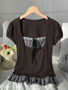 Blusa de verano elegante con volantes en el bajo, estampado de flores diminutas y parches - Café integral - Ver 4