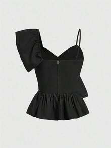 Kawaii Blusa con cuello asimétrico y ribete de volantes de moda Y2K para mujer - Negro - Ver 2