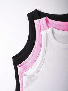 Top ajustado de cuello redondo informal para mujer - Rosa Pálido - Ver 4